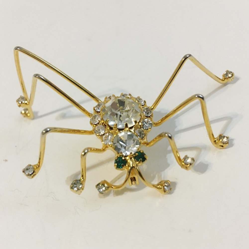 Spider Pin Brooch Green Eyes Clear Crystal Rhinestones Vintage Gold Tone Metal